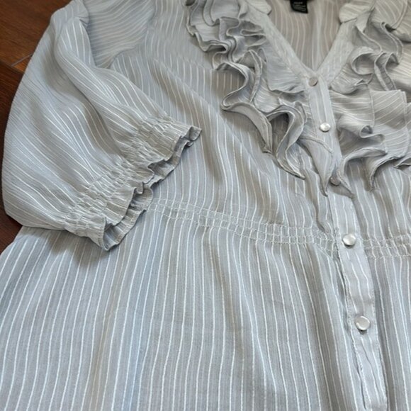 Lane Bryant Sheer 1/4 Sleeve Ruffle Front Blouse Silver 22/24 - Picture 2 of 5
